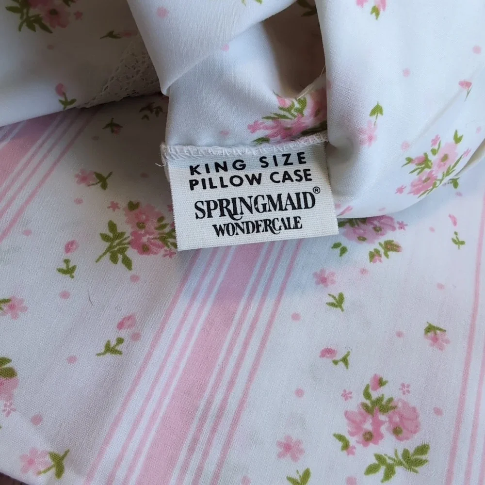 Springmaid Wondercale Pillowcase Set King Pink Floral Striped Lace Trim Vintage